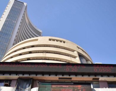 Bombay Stock Exchange building as market falls with Sensex down 215 points and Nifty down 70 points