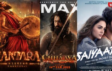 Posters of Kantara, Saiyara, and Chhava movies displayed together showcasing their main characters and film themes