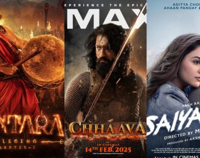 Posters of Kantara, Saiyara, and Chhava movies displayed together showcasing their main characters and film themes