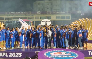 WPL 2025 schedule announcement by BCCI with New Year theme showing cricket stadium and match timeline.