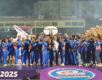 WPL 2025 schedule announcement by BCCI with New Year theme showing cricket stadium and match timeline.