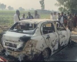 Burnt car and police investigation on Tekwada Khamkheda road after human skull found