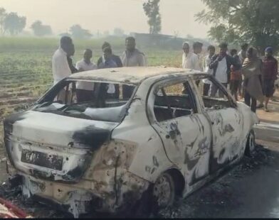 Burnt car and police investigation on Tekwada Khamkheda road after human skull found