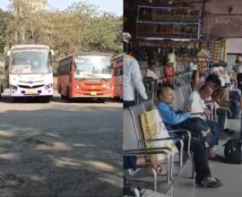 Workers carrying out cleanliness drive at an ST bus stand