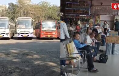 Workers carrying out cleanliness drive at an ST bus stand