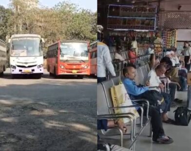 Workers carrying out cleanliness drive at an ST bus stand
