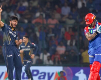 Indian bowler Arshad Khan celebrating after taking 6 wickets for 9 runs in the Syed Mushtaq Ali Trophy, creating a new record
