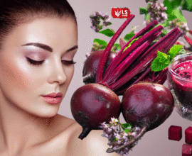 A split image showing a girl on one side and fresh beetroot on the other, representing the benefits of beetroot face pack for reducing pigmentation