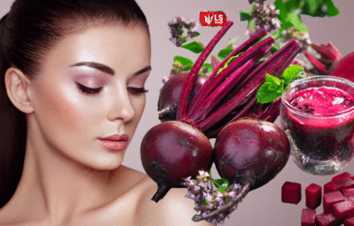 A split image showing a girl on one side and fresh beetroot on the other, representing the benefits of beetroot face pack for reducing pigmentation