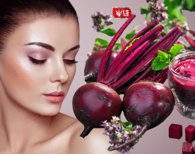 A split image showing a girl on one side and fresh beetroot on the other, representing the benefits of beetroot face pack for reducing pigmentation