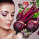 A split image showing a girl on one side and fresh beetroot on the other, representing the benefits of beetroot face pack for reducing pigmentation