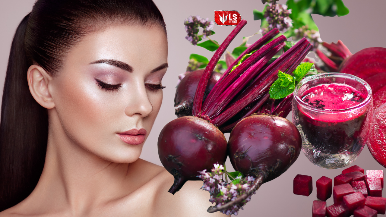 A split image showing a girl on one side and fresh beetroot on the other, representing the benefits of beetroot face pack for reducing pigmentation
