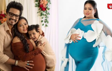 Bharti Singh and Harsh Limbachiyaa with their newborn baby and elder son Gola at home