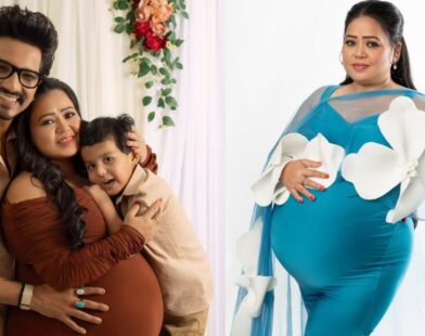 Bharti Singh and Harsh Limbachiyaa with their newborn baby and elder son Gola at home