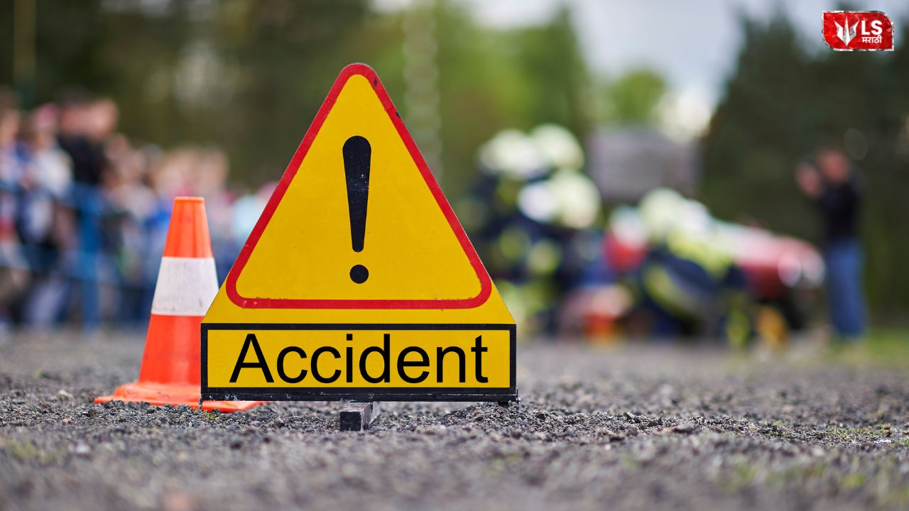 Scene of a serious road accident on the Dhule–Solapur Highway showing damaged vehicles, with reports of one person dead and another critically injured