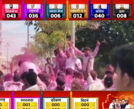 Political flags and leaders during Maharashtra local body elections showing BJP and NCP dominance in different districts