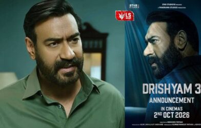 “A scene showing Ajay Devgn’s powerful and intense look during the launch of the Drishyam 3 teaser