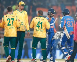 Team India and South Africa players during the series decider match at the world’s largest cricket stadium