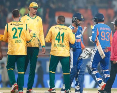 Team India and South Africa players during the series decider match at the world’s largest cricket stadium