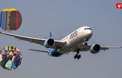 IndiGo aircraft grounded at the airport with large crowds of stranded passengers due to mass flight cancellations
