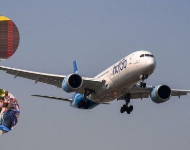 IndiGo aircraft grounded at the airport with large crowds of stranded passengers due to mass flight cancellations