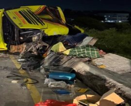 Bus overturned after colliding with a concrete barrier in Indonesia, causing multiple fatalities