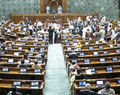 Opposition leaders protesting outside Constitution House after Jee Ram Jee Bill passed in Rajya Sabha at midnight