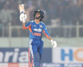 Jemimah Rodrigues celebrates her half-century during the first T20 match against Sri Lanka