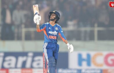 Jemimah Rodrigues celebrates her half-century during the first T20 match against Sri Lanka