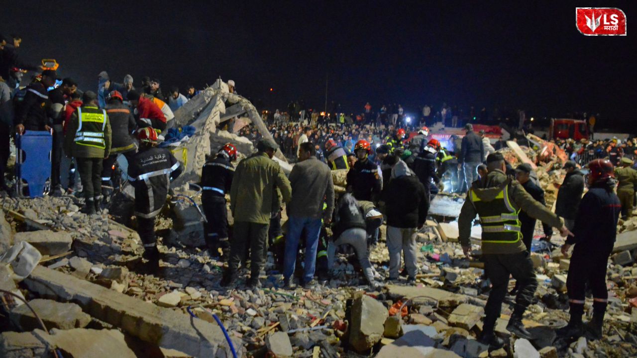 Collapsed building in a Moroccan city with rescue teams working at the site after a deadly accident