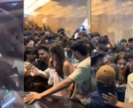 Actress Nidhi Agrawal surrounded by fans after getting caught in a crowd during Da Raja Saab film event