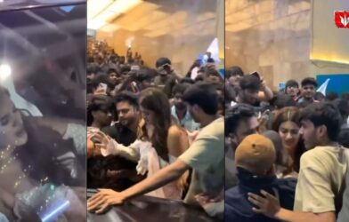Actress Nidhi Agrawal surrounded by fans after getting caught in a crowd during Da Raja Saab film event