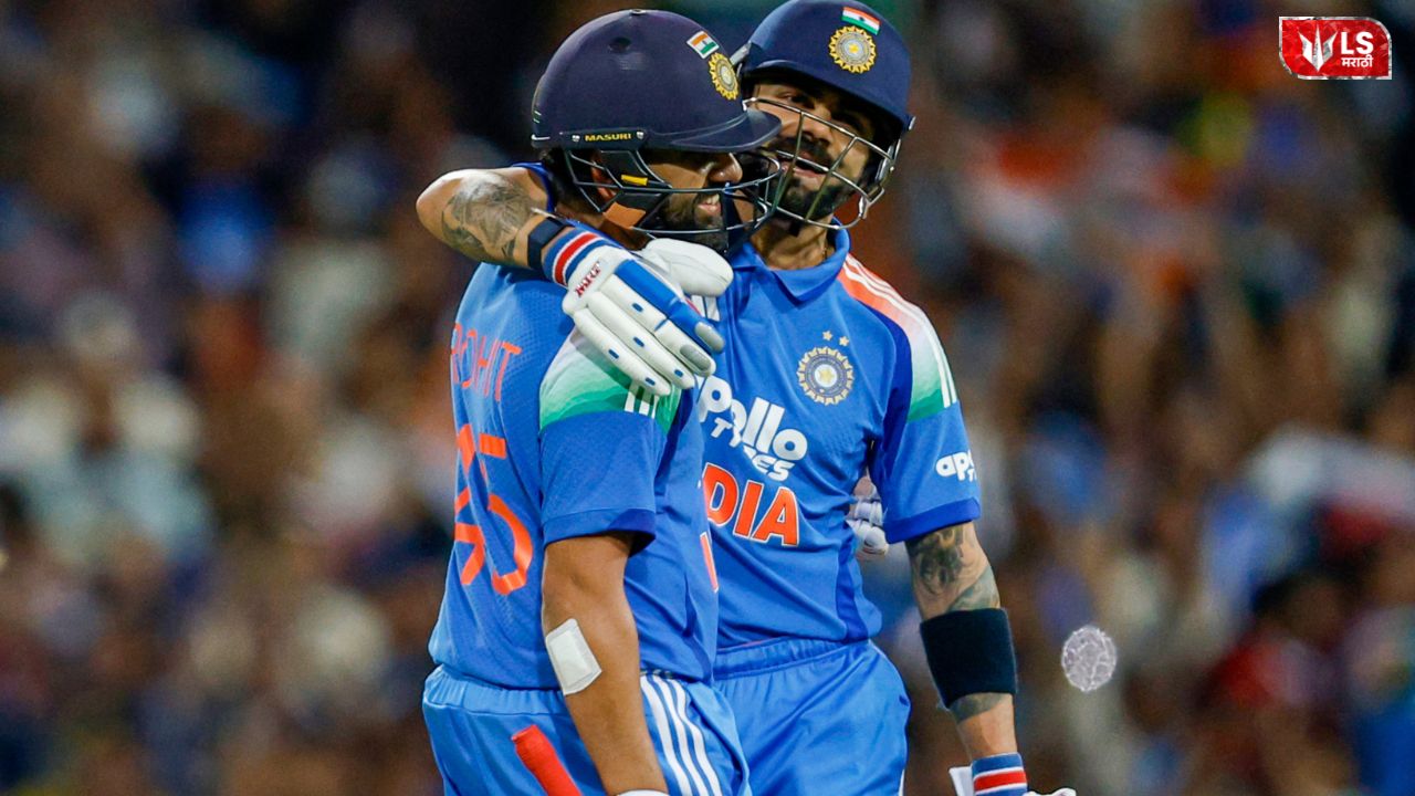Rohit Sharma and Virat Kohli celebrating on the cricket field after securing top two positions in ICC ODI rankings