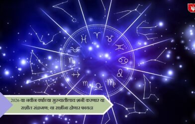 Saturn transit 2026 showing zodiac wheel with Shani planet and highlighted benefiting zodiac signs