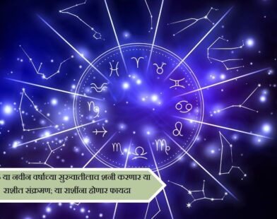 Saturn transit 2026 showing zodiac wheel with Shani planet and highlighted benefiting zodiac signs