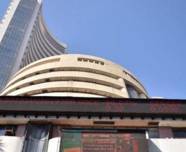 Stock market display board showing declining indices as Sensex drops 65 points and Nifty falls 27 points at closing