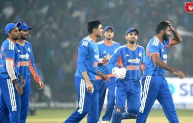Indian cricket players celebrating after defeating South Africa in the first T20 match, with South Africa getting all out for 74 runs