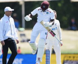 West Indies cricketer Justin Greaves celebrating his record double century in the fourth innings of a Test match