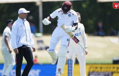 West Indies cricketer Justin Greaves celebrating his record double century in the fourth innings of a Test match