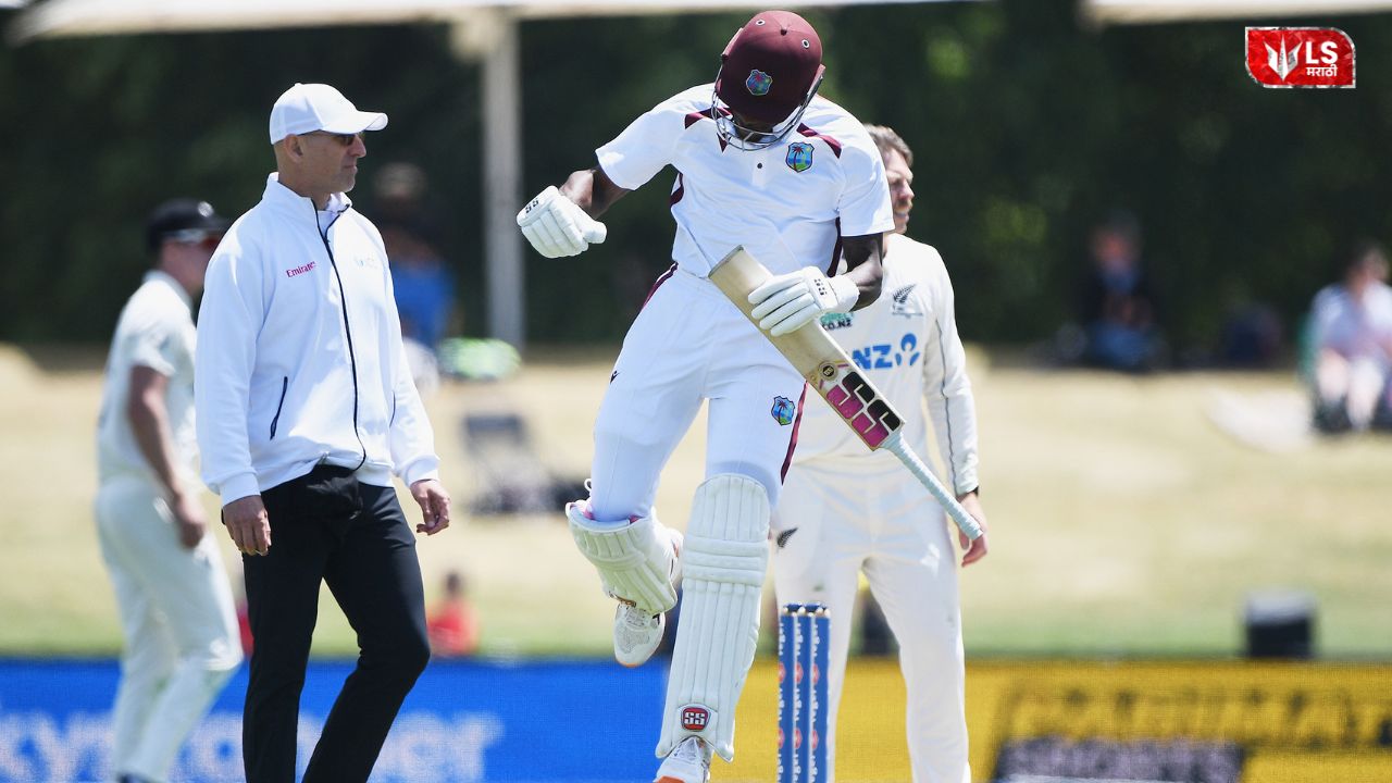 West Indies cricketer Justin Greaves celebrating his record double century in the fourth innings of a Test match