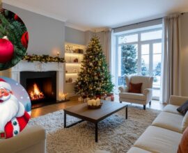 Beautiful Christmas home decoration with lights, tree, stylish outfits and gift boxes