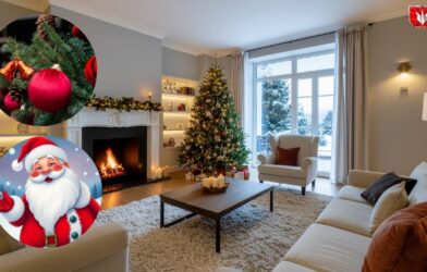 Beautiful Christmas home decoration with lights, tree, stylish outfits and gift boxes