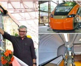 Hi-Tech Vande Bharat Sleeper Train at a railway platform showcasing its modern design and sleeper coach facilities