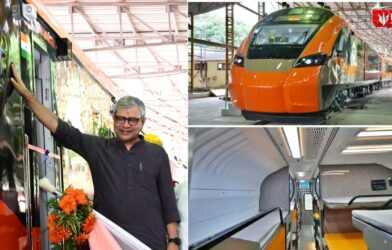 Hi-Tech Vande Bharat Sleeper Train at a railway platform showcasing its modern design and sleeper coach facilities