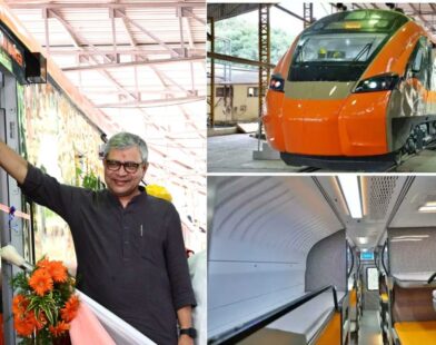 Hi-Tech Vande Bharat Sleeper Train at a railway platform showcasing its modern design and sleeper coach facilities