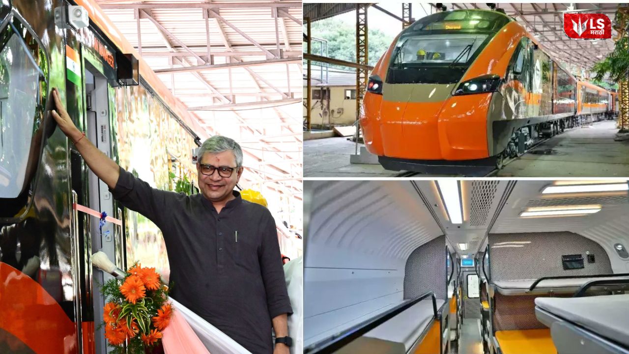 Hi-Tech Vande Bharat Sleeper Train at a railway platform showcasing its modern design and sleeper coach facilities