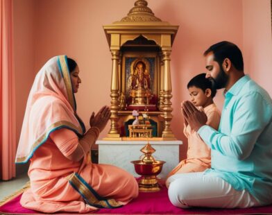 Peaceful home with spiritual symbols representing vastu dosh remedies and mantra chanting