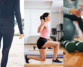 Winter workout collage with warm-up, exercise, and jogging