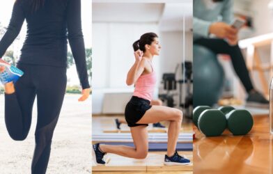 Winter workout collage with warm-up, exercise, and jogging
