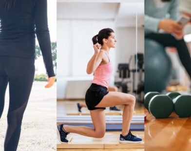 Winter workout collage with warm-up, exercise, and jogging